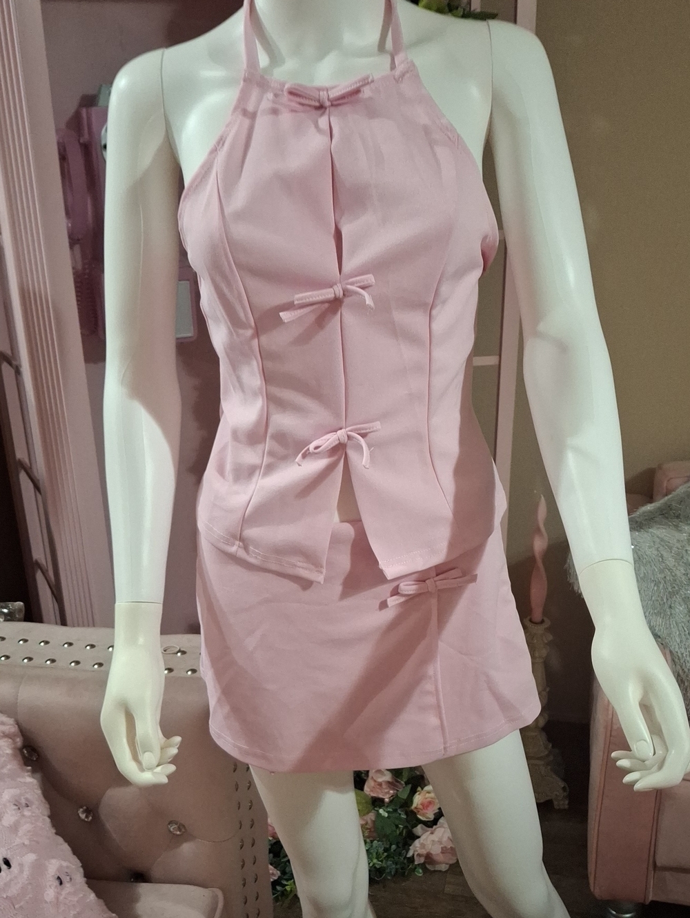 Women's Light Pink Bow Halter Top & Matching Skort Two-Piece Set NWOT Size S